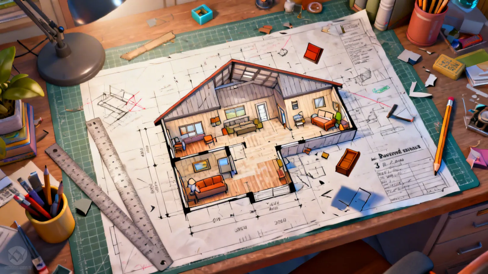 3 bedroom barndominium floor plan layout with design revisions marked