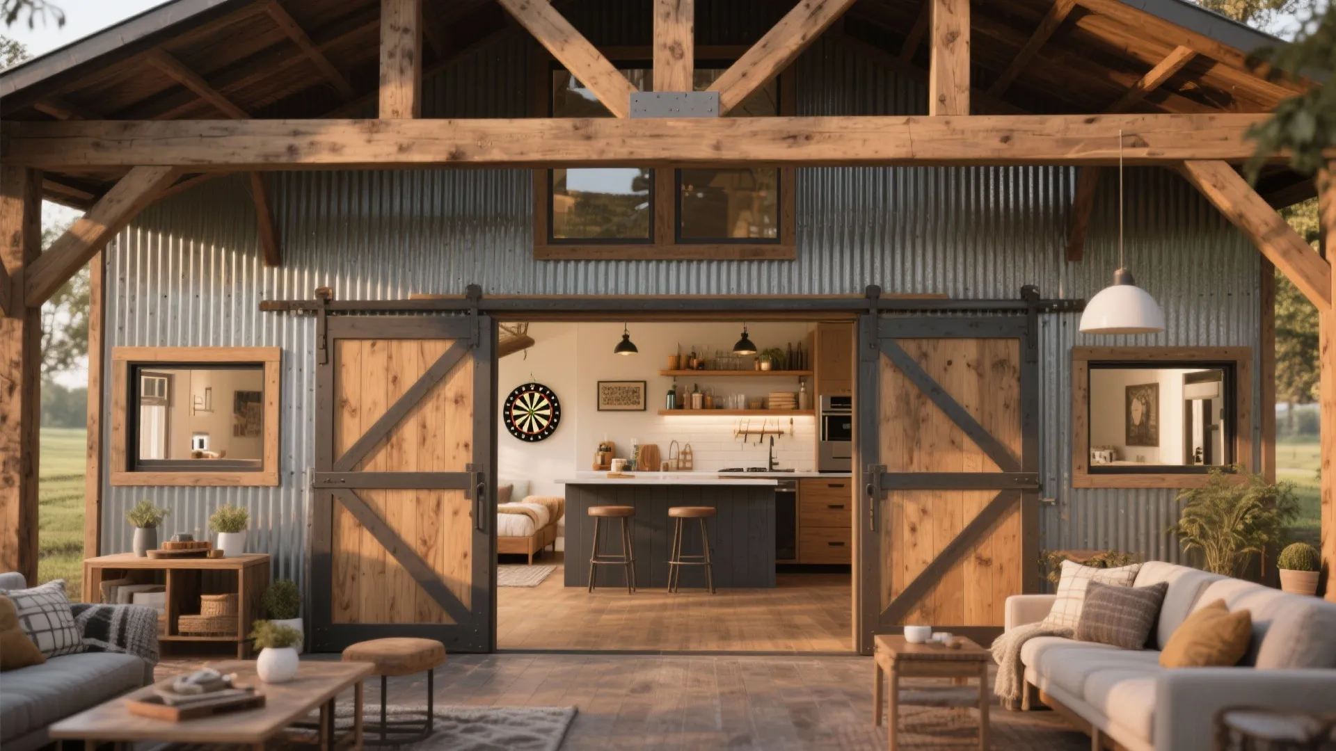 Rustic barn style house with sliding wooden doors opening to modern kitchen and living room
