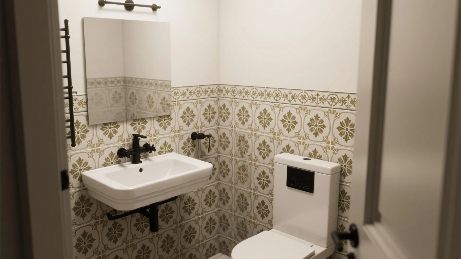 Small bathroom design with patterned wall tiles and white sink and toilet with black fixtures