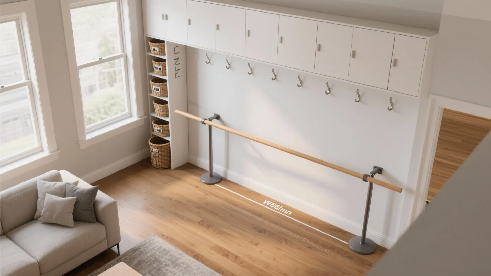 Top-down L-shaped layout with fold-down barre and modular prop storage.
