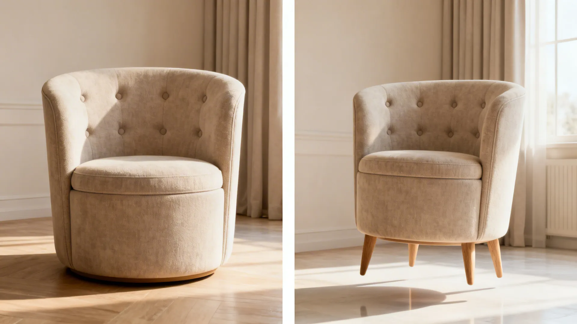 Before and after: barrel chair without legs and with exposed legs showing airy floor plane