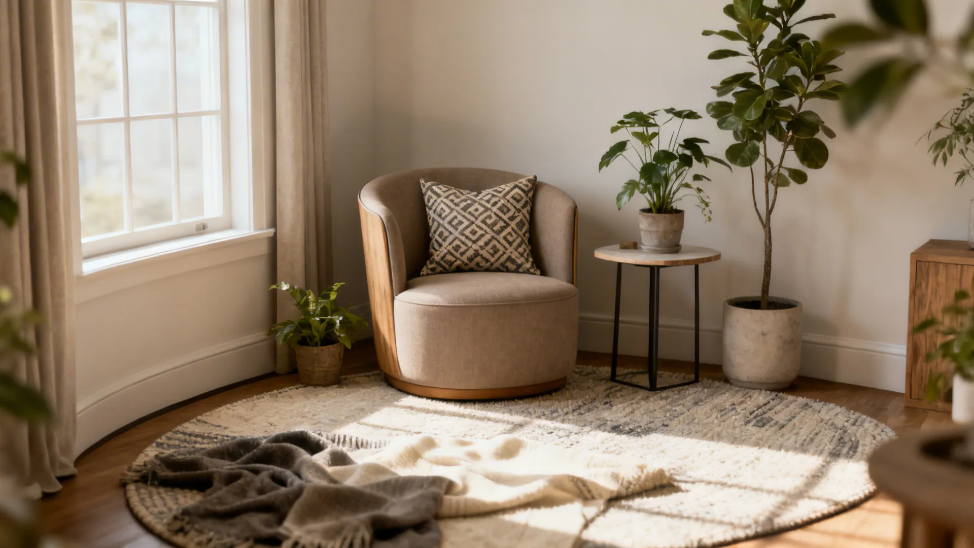Rounded armless taupe barrel chair in a small corner with a patterned pillow and side table.
