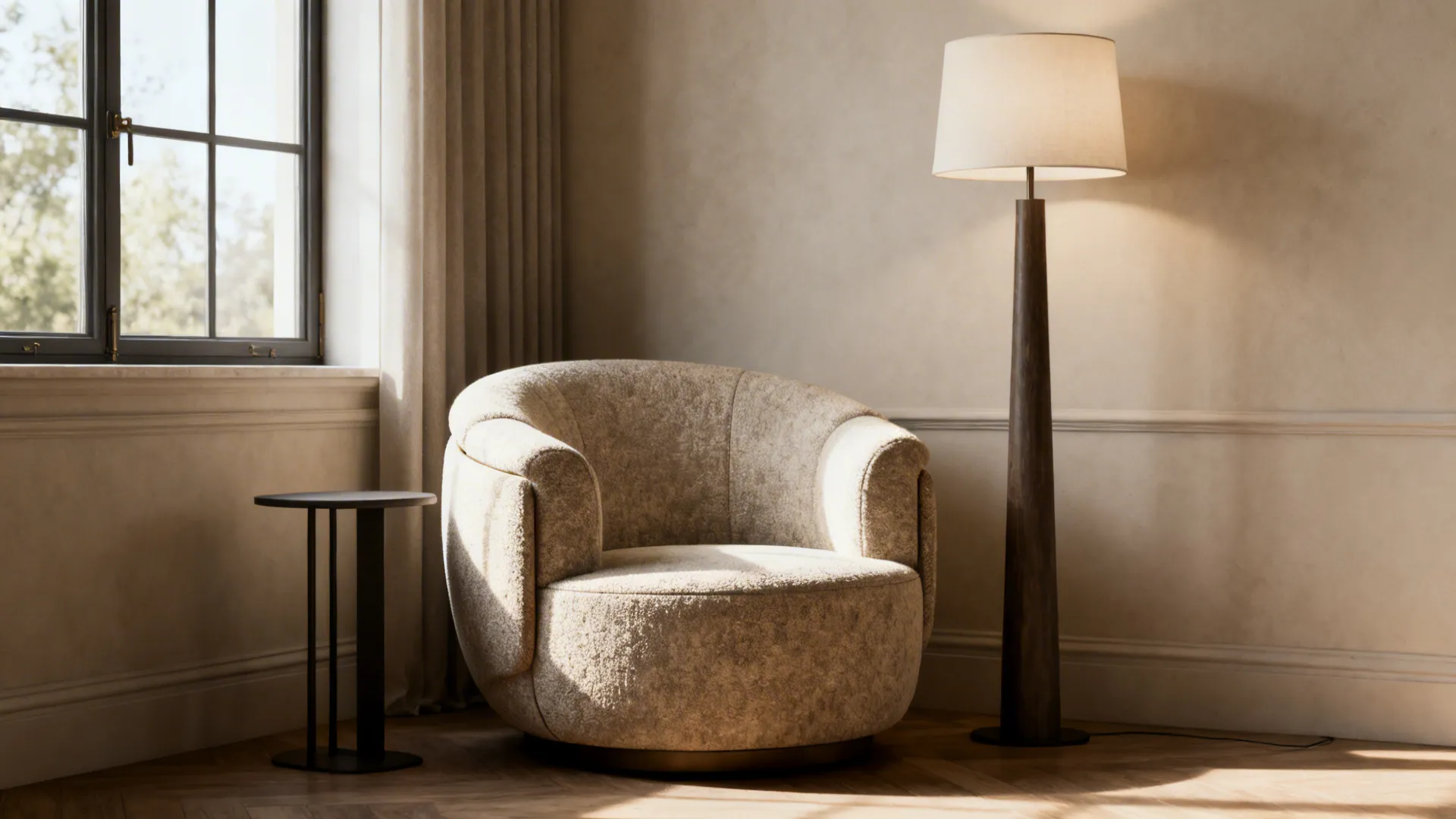 Barrel chair with integrated arms in a cozy corner beside a window and slim floor lamp.