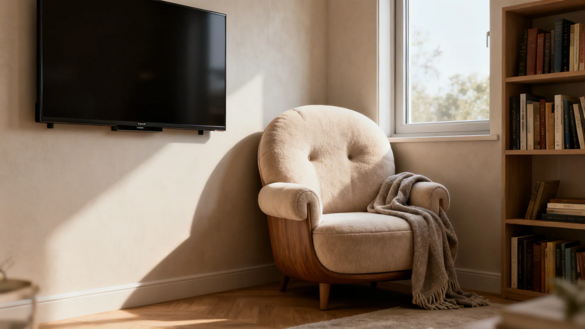 Cozy reading nook with a barrel chair with low arms keeping sight lines open in a small living room.