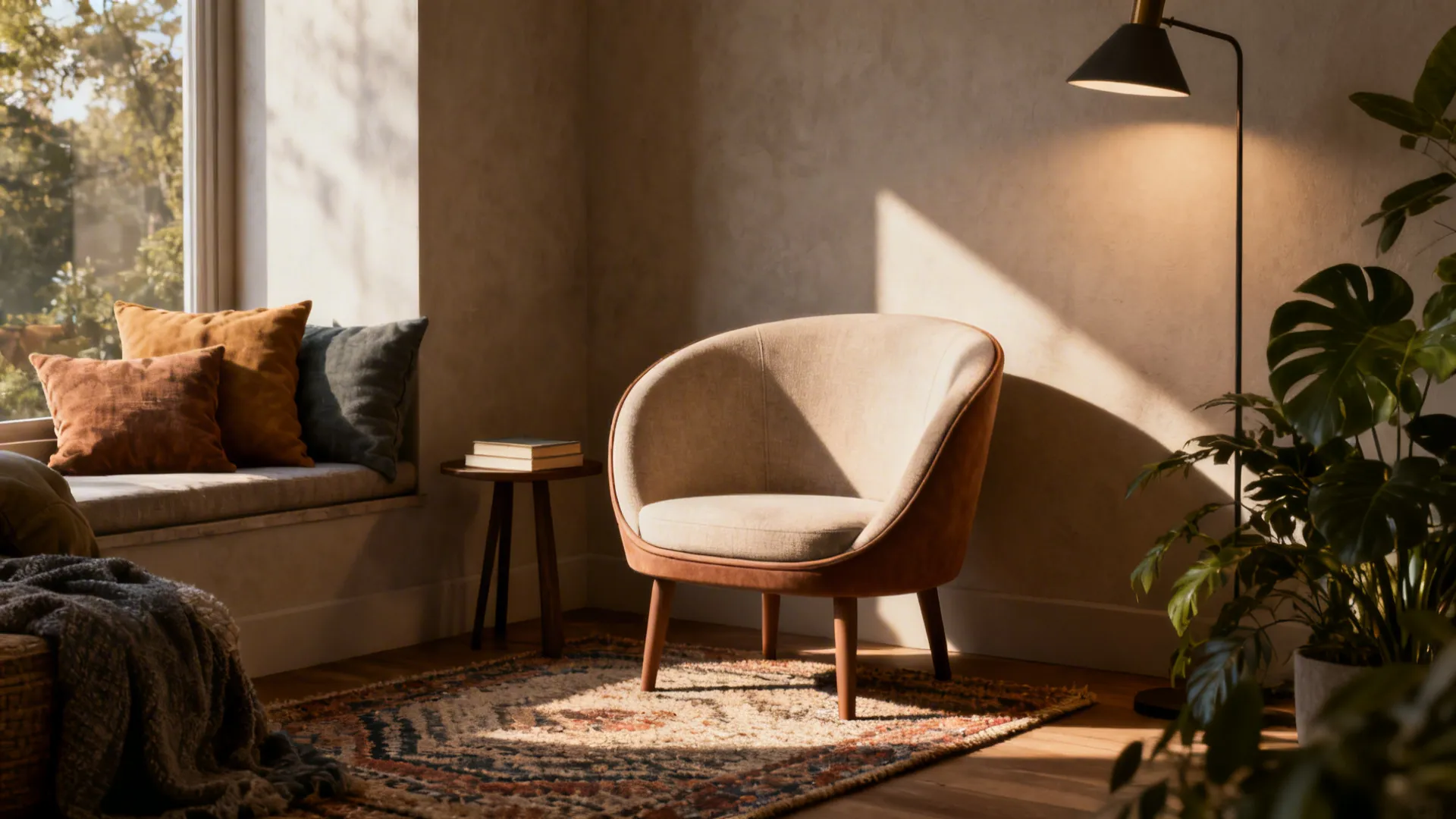 Armless barrel chair in a cozy corner reading nook with side table and lamp.