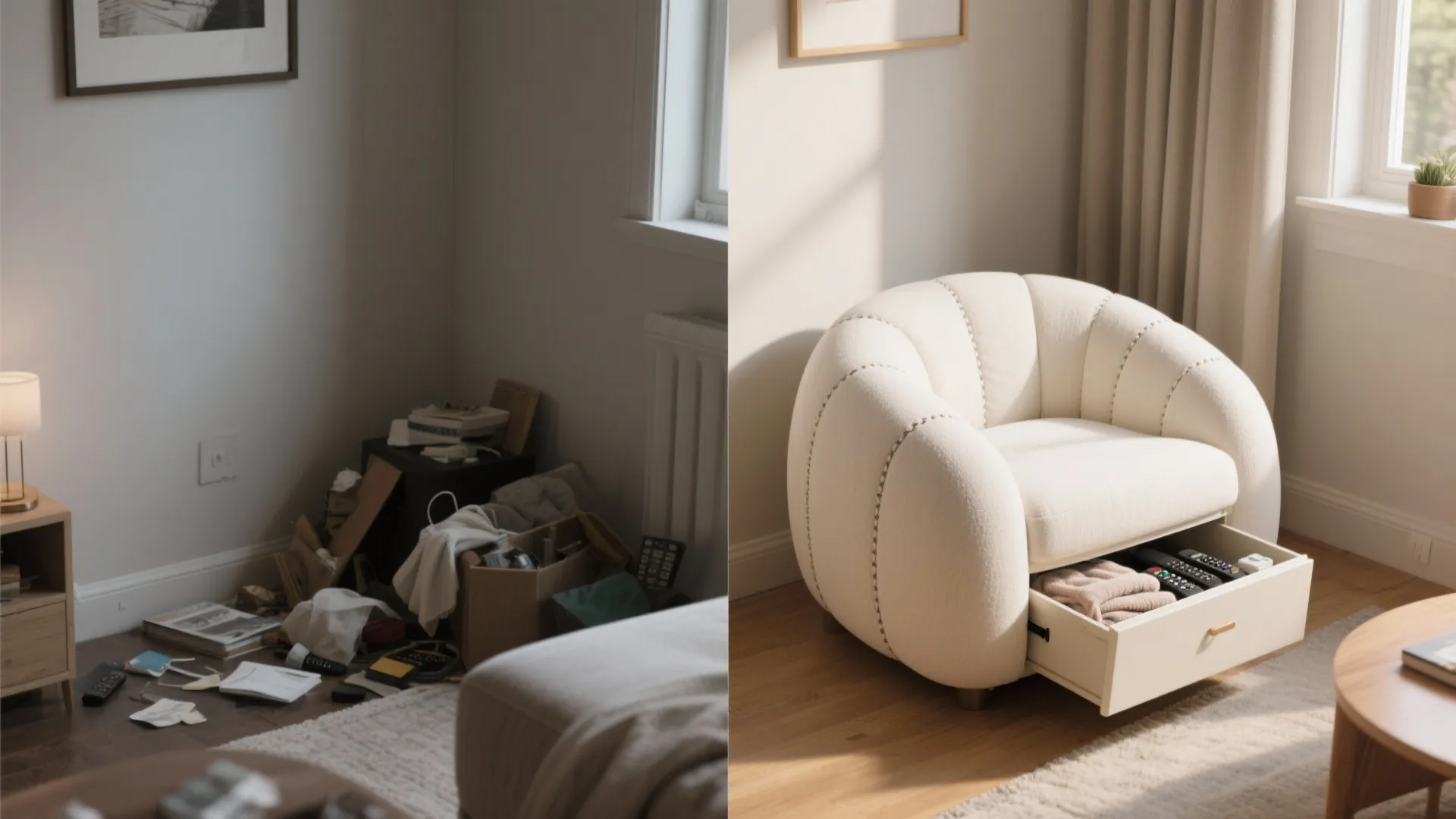 Before and after corner showing an upholstered white barrel chair with hidden storage open.