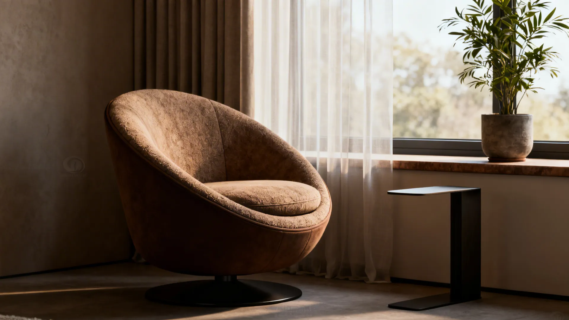 Barrel swivel chair snug in a small corner beside a window seat with plants.