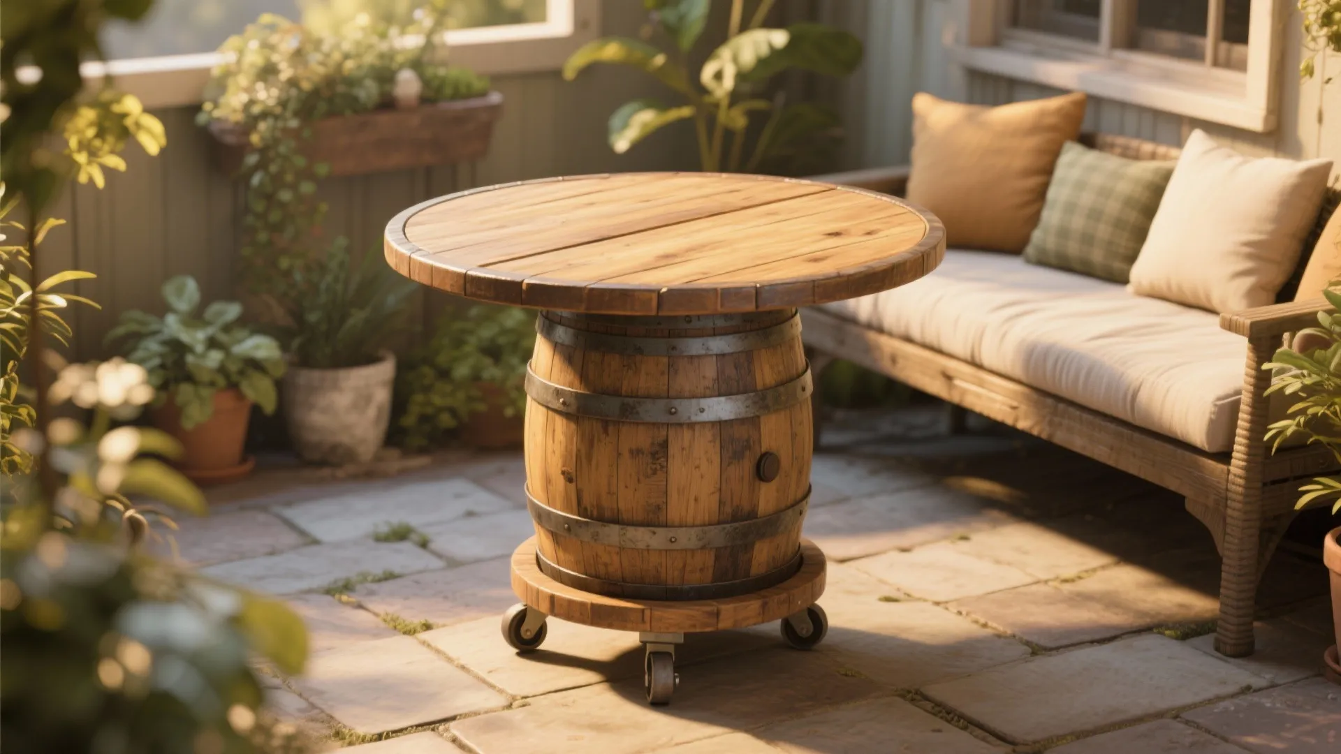 Upcycled barrel table on a small patio with a sanded, sealed wooden top and casters.