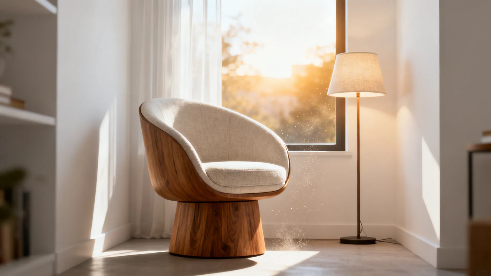 Compact barrel chair with light upholstery in a window reading nook of a small condo.