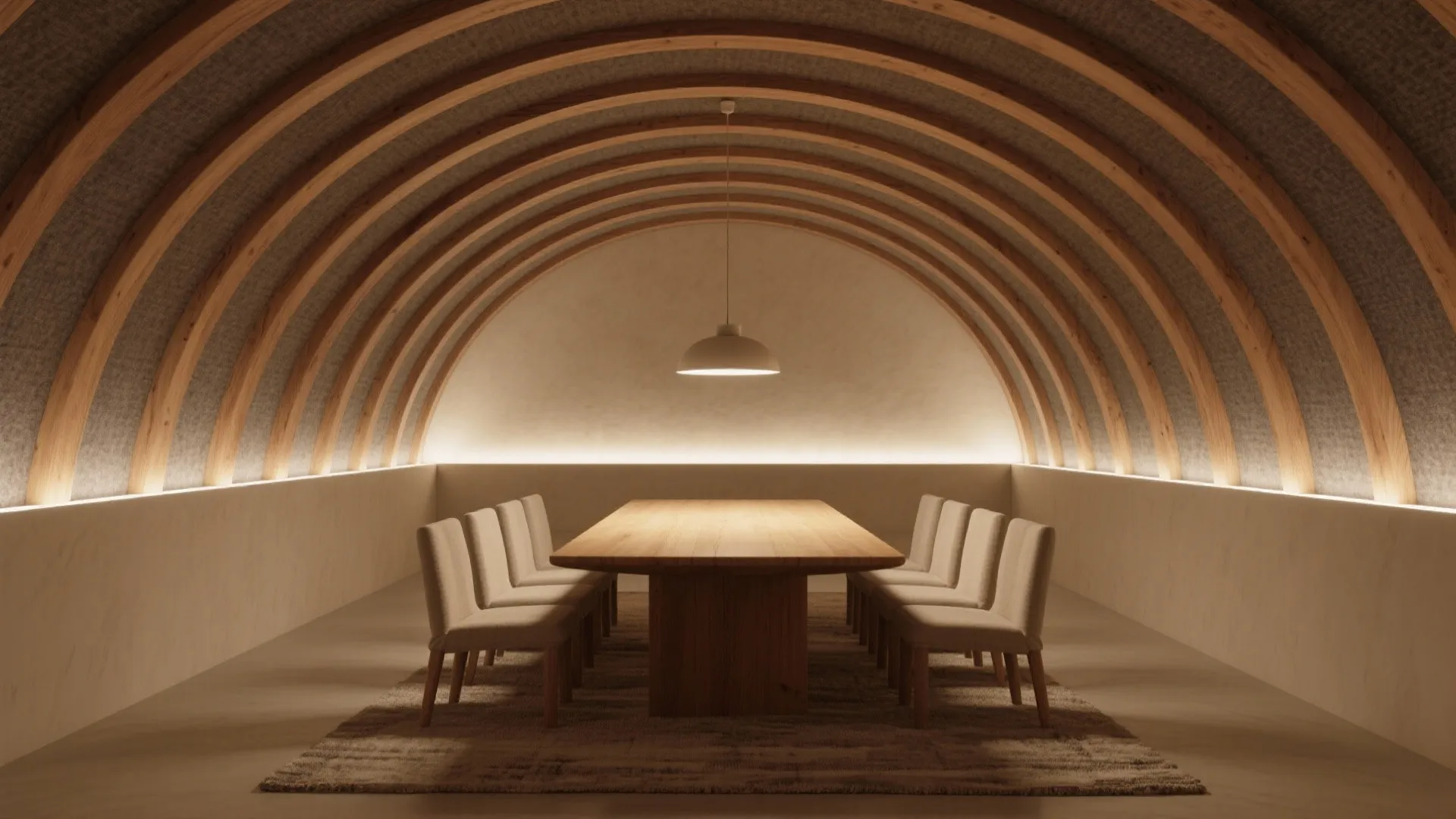 Long wooden dining table and chairs under a unique curved ceiling with many wooden ribs