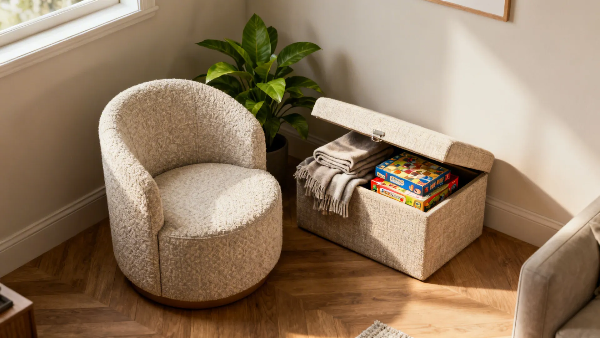 Modern round sofa chair next to an open footrest storage box holding blankets and toys