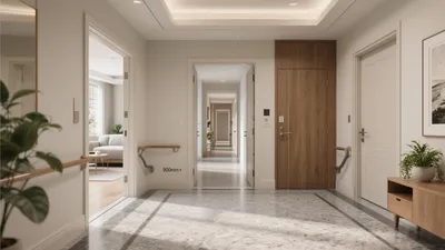 Modern Accessible Hallway Design with Warm Wood and Marble