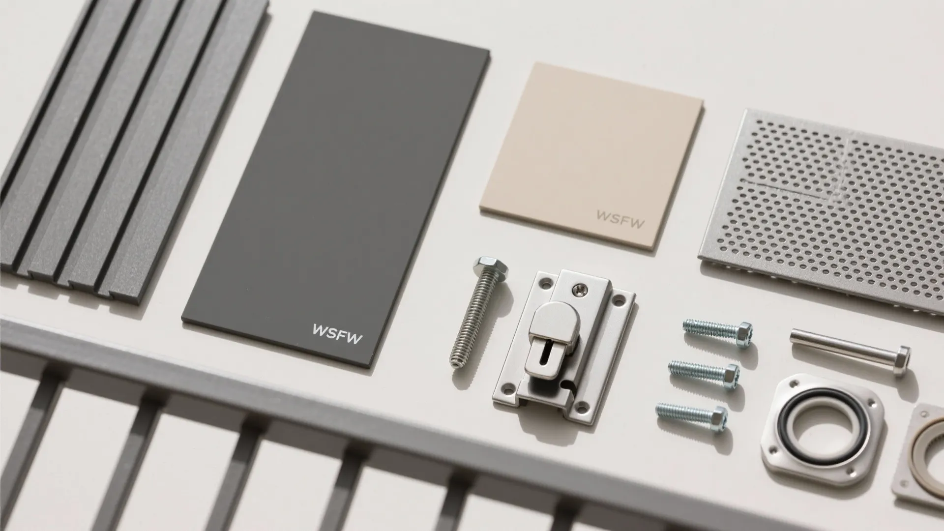Flatlay of powder-coated aluminum samples, perforated metal, fasteners, and latch guard hardware.