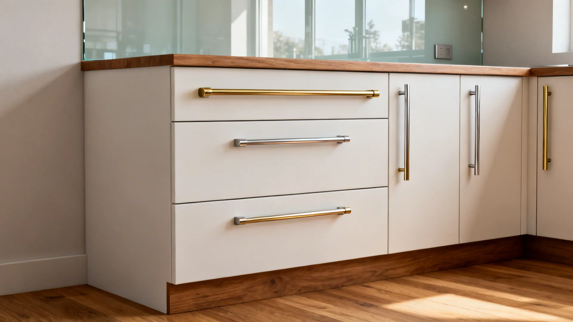 Base drawers with horizontal bar pulls and doors with vertical bars aligned cleanly.
