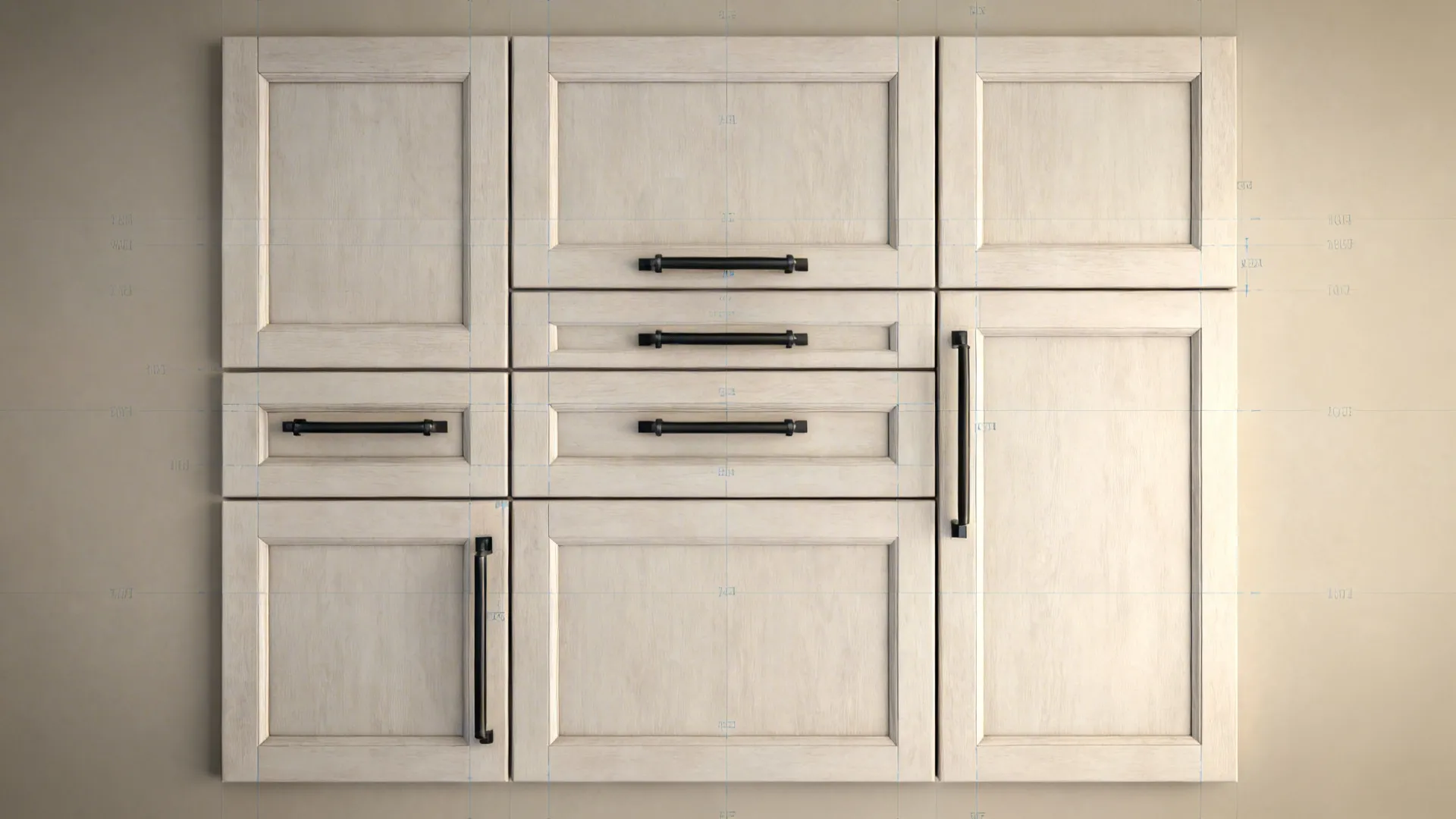 Top-down layout showing horizontal pulls on drawers and vertical pulls on doors.