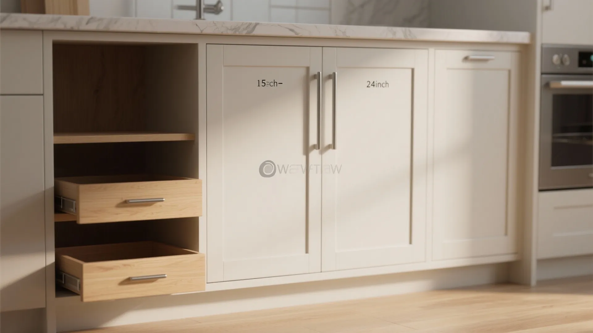 Cream kitchen base cabinet showing two wooden drawers pulled out next to closed cabinet doors