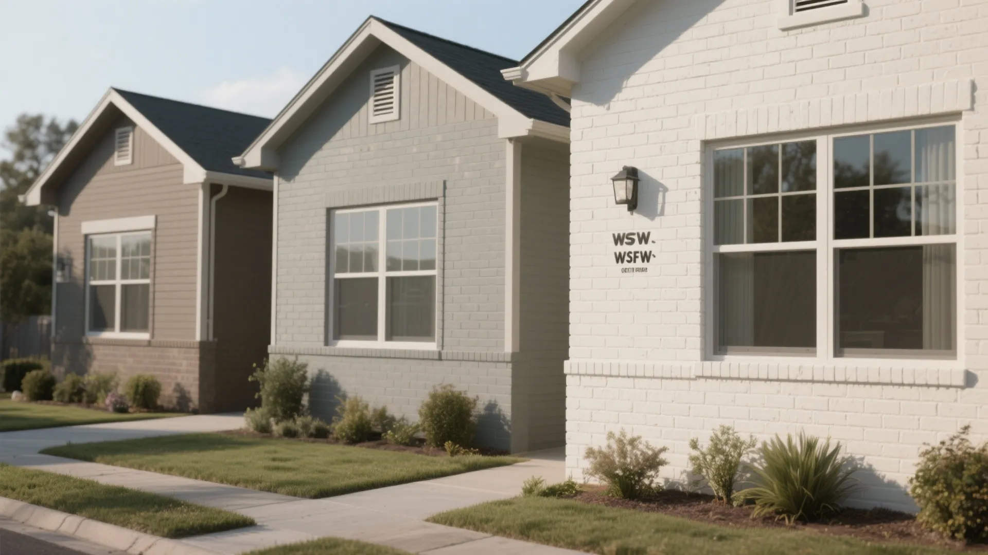 Three small houses with different exterior brick colors including white and grey along green garden grass