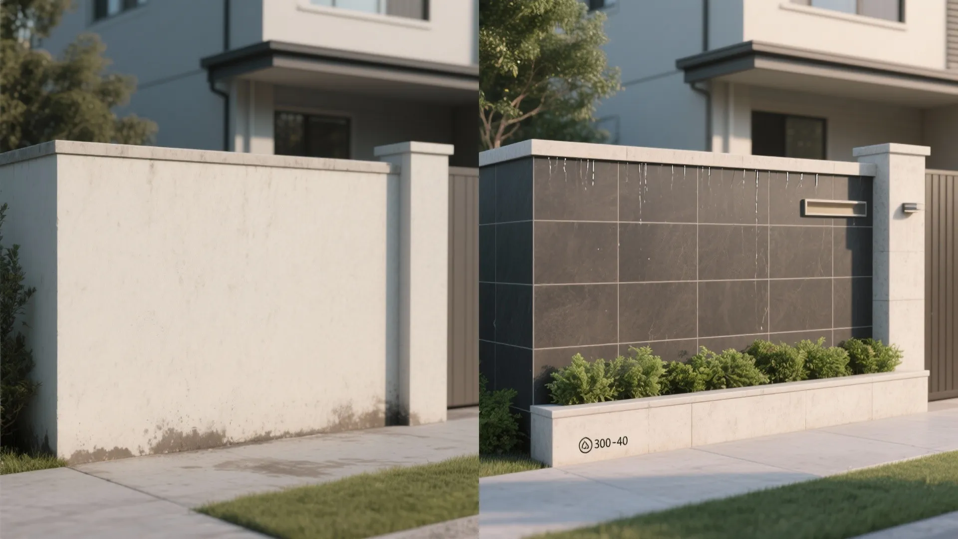 Before and after comparison showing a plain white wall renovated with dark tiles and plants