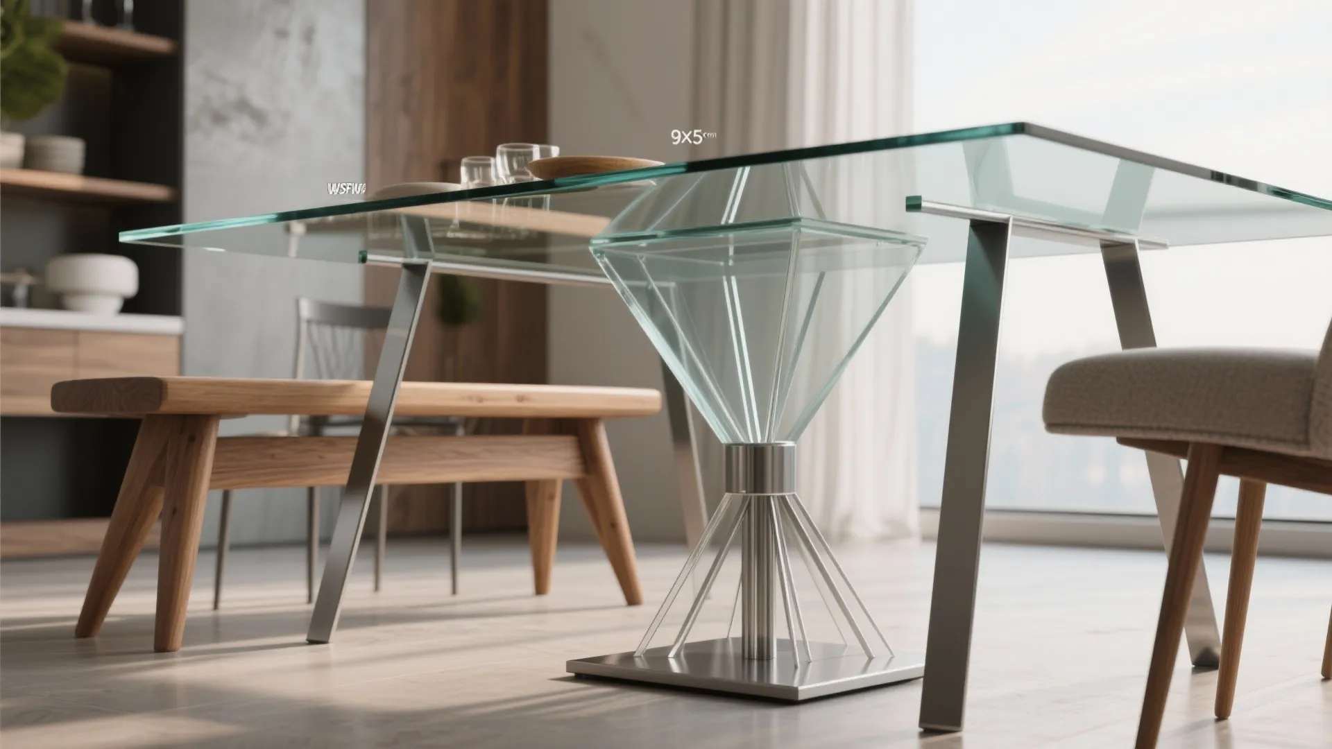 Modern dining room featuring a glass table with metal legs, wooden bench, and natural light