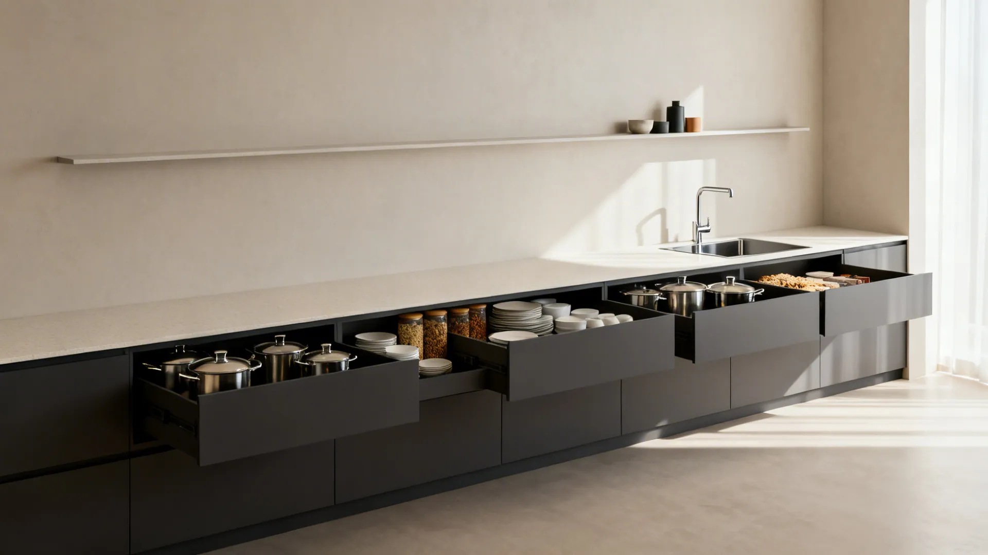 Single-wall kitchen with deep base drawers and a slim backsplash ledge, no uppers, and a clear counter.