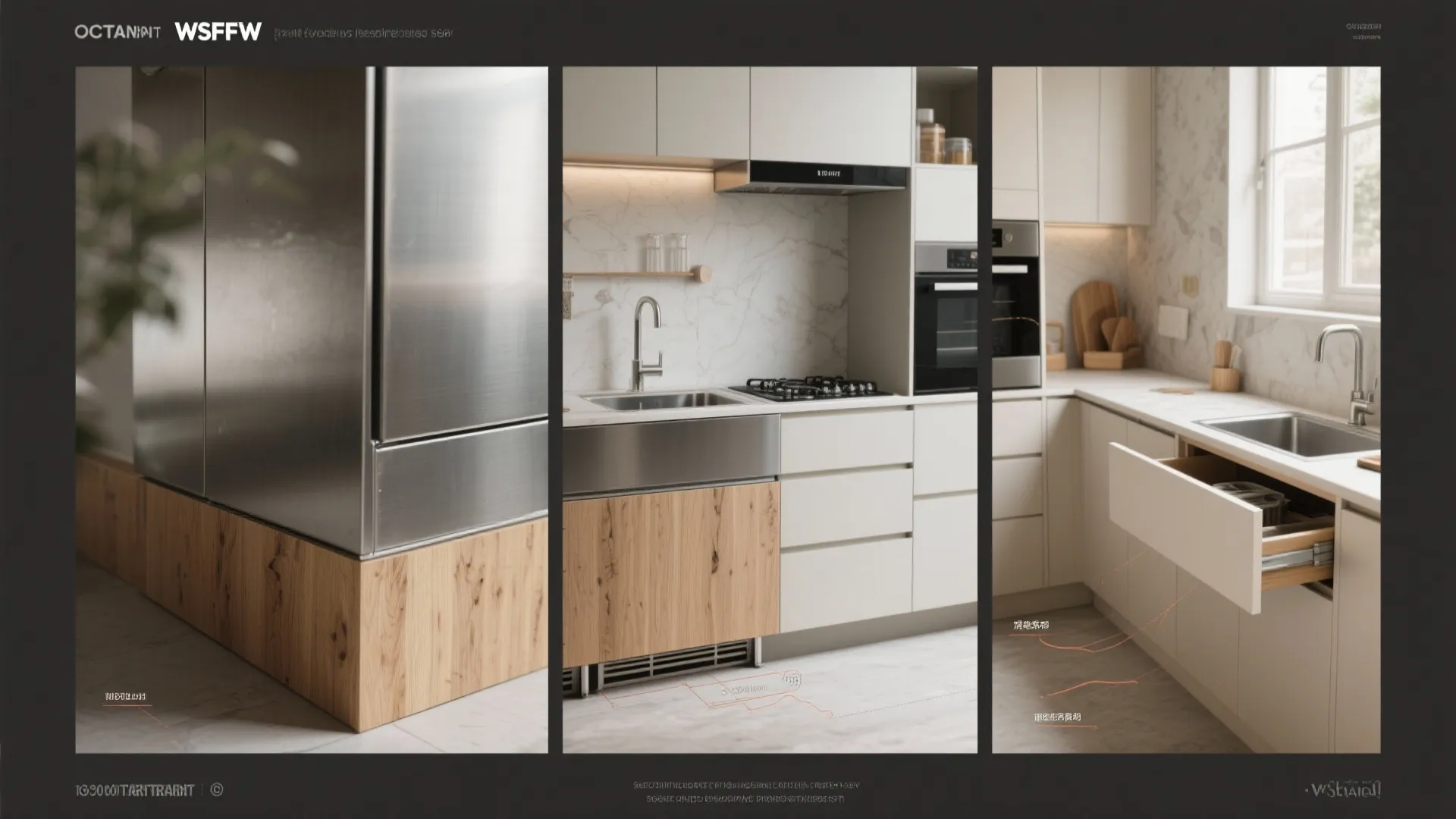 Modern kitchen cabinets showing wood base drawers with white counters and built in appliance details