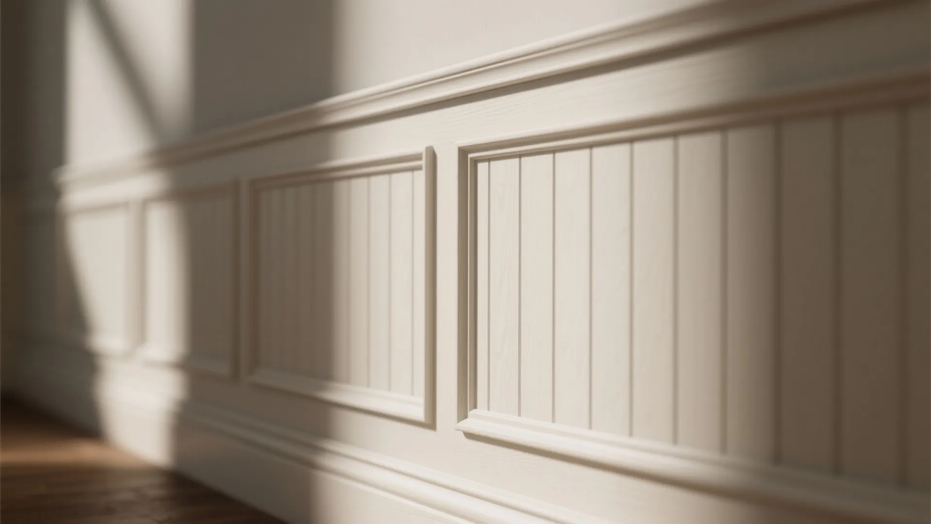 Close up view of white wall panel design with vertical lines and classic decorative trim