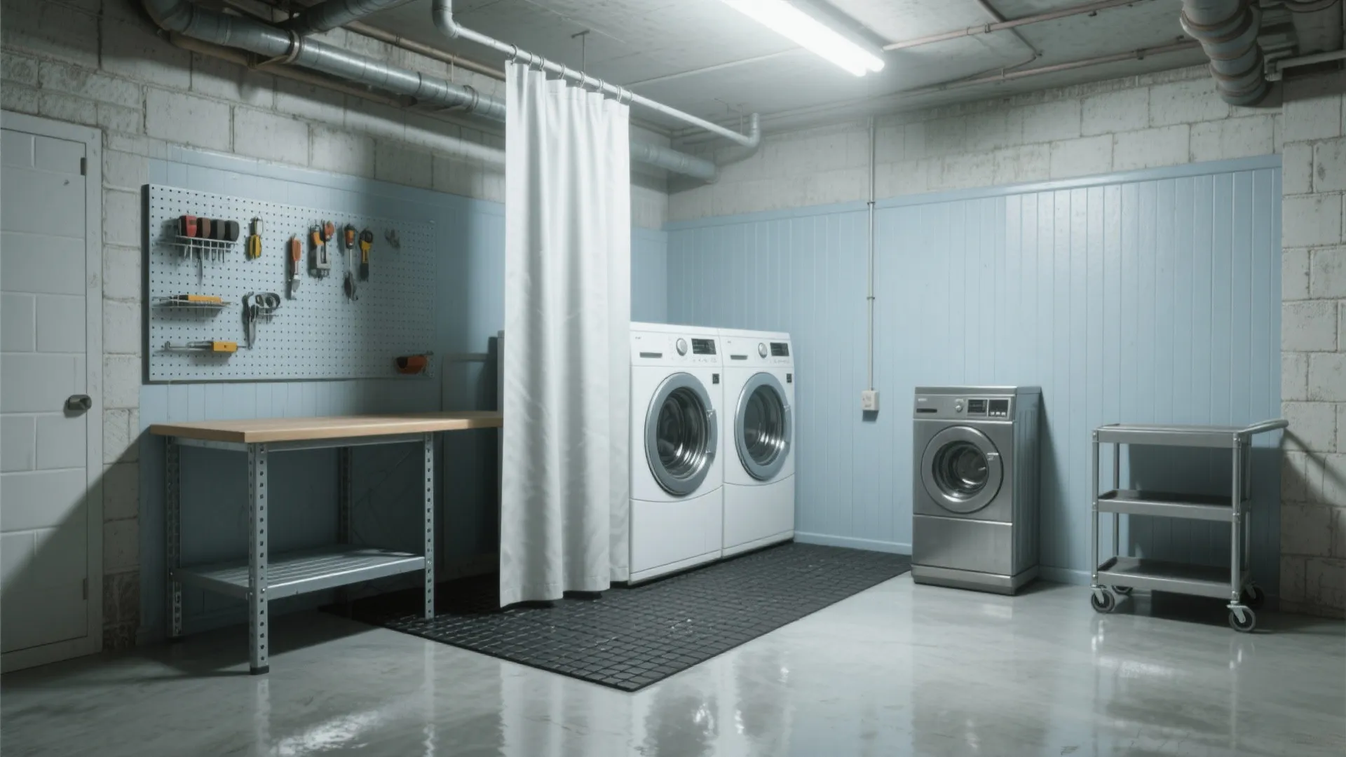 Basement laundry room featuring white washing machines blue wall panels workbench tools and white curtain