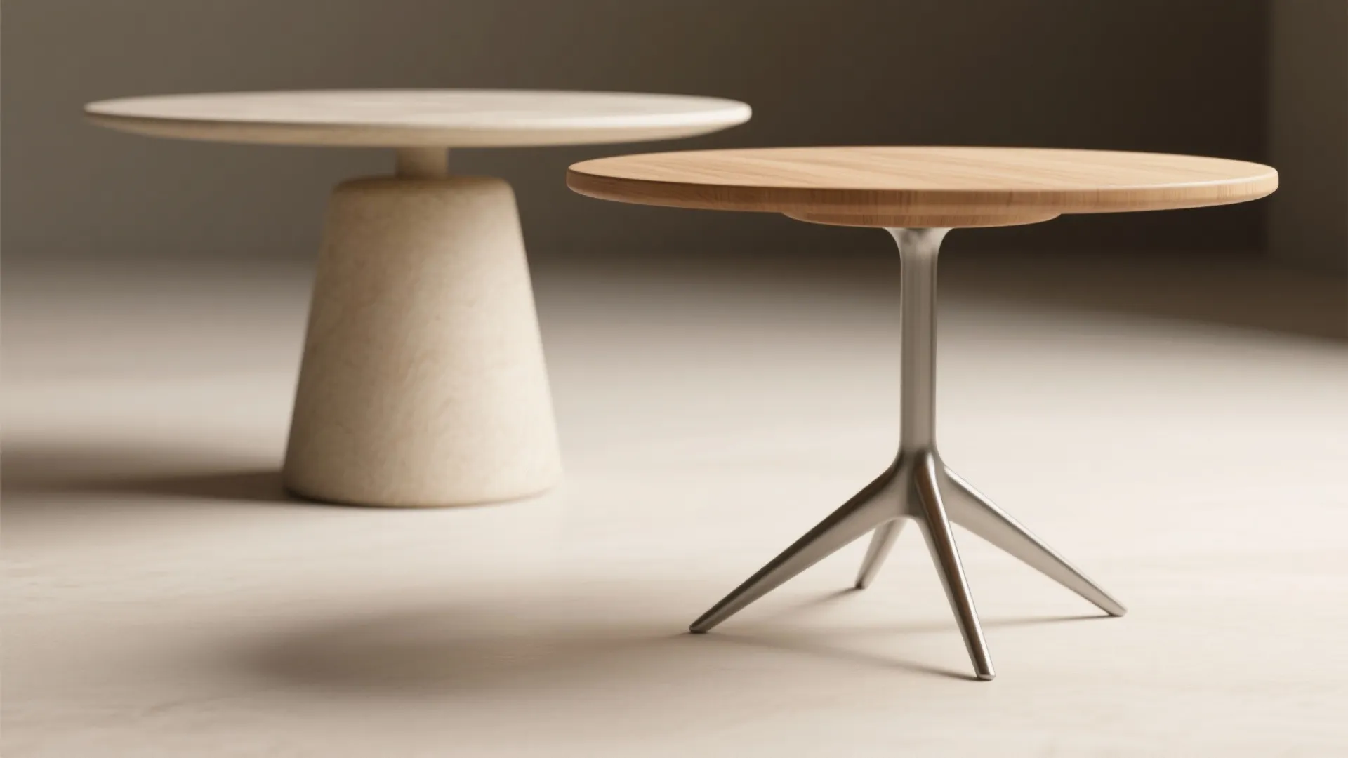 Two modern round wooden coffee tables with different base styles shown in a neutral room