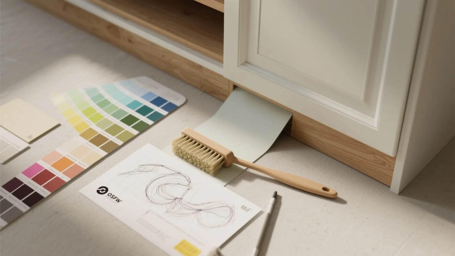 Interior design workspace with color samples, hand drawing, wooden brush, and a white cabinet section