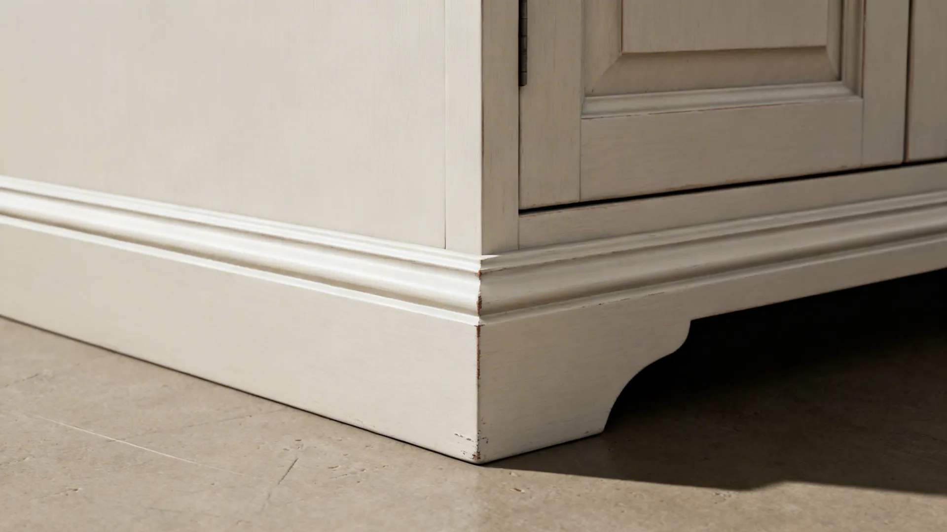 Macro of shallow beaded base molding with a subtle back bevel at the toe-kick.
