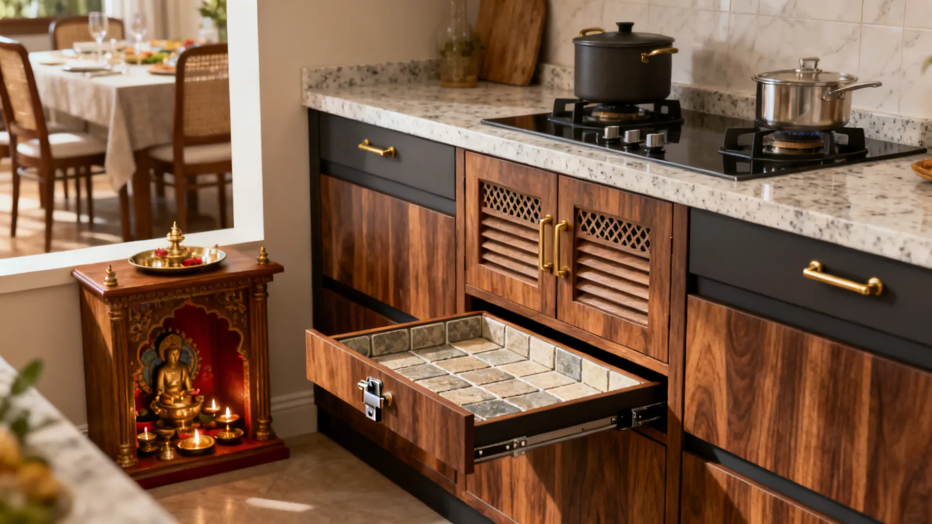 Base cabinet mandir with ventilated jali panels and a pull-out heat-resistant aarti tray.