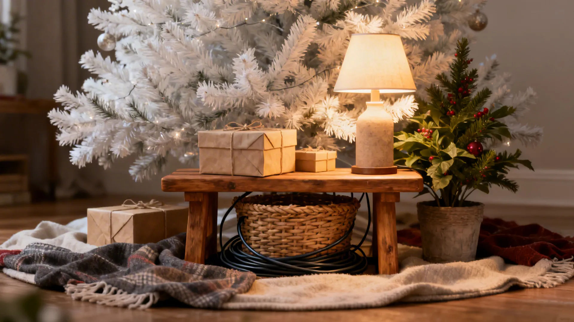 Styled base vignette with bench, wrapped boxes, lamp and basket hiding cords around a white tree.