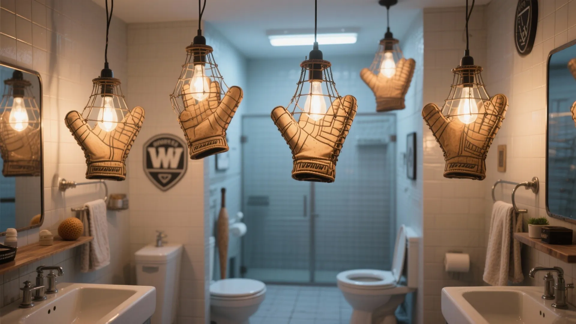 Unique ceiling light fixtures shaped like baseball gloves hanging in a modern white tiled public bathroom
