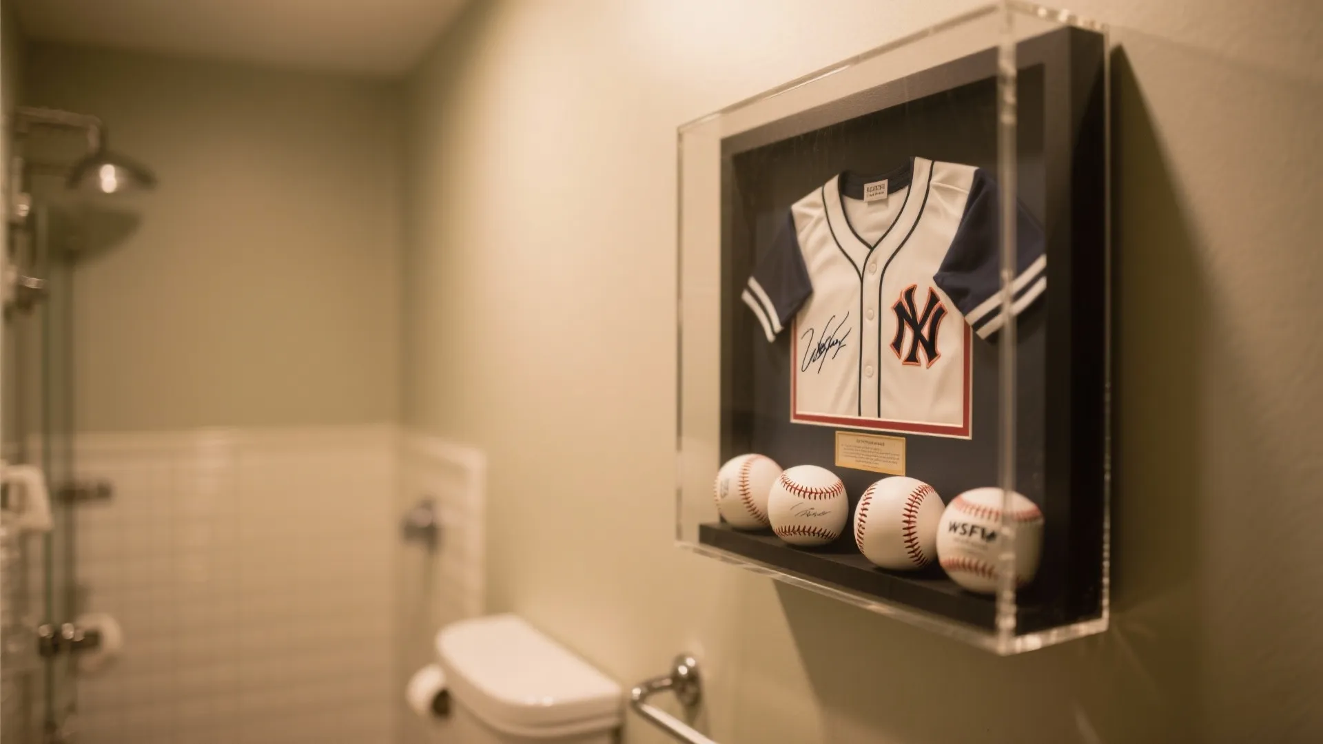 Framed baseball jersey and four balls displayed in a glass case on a bathroom wall