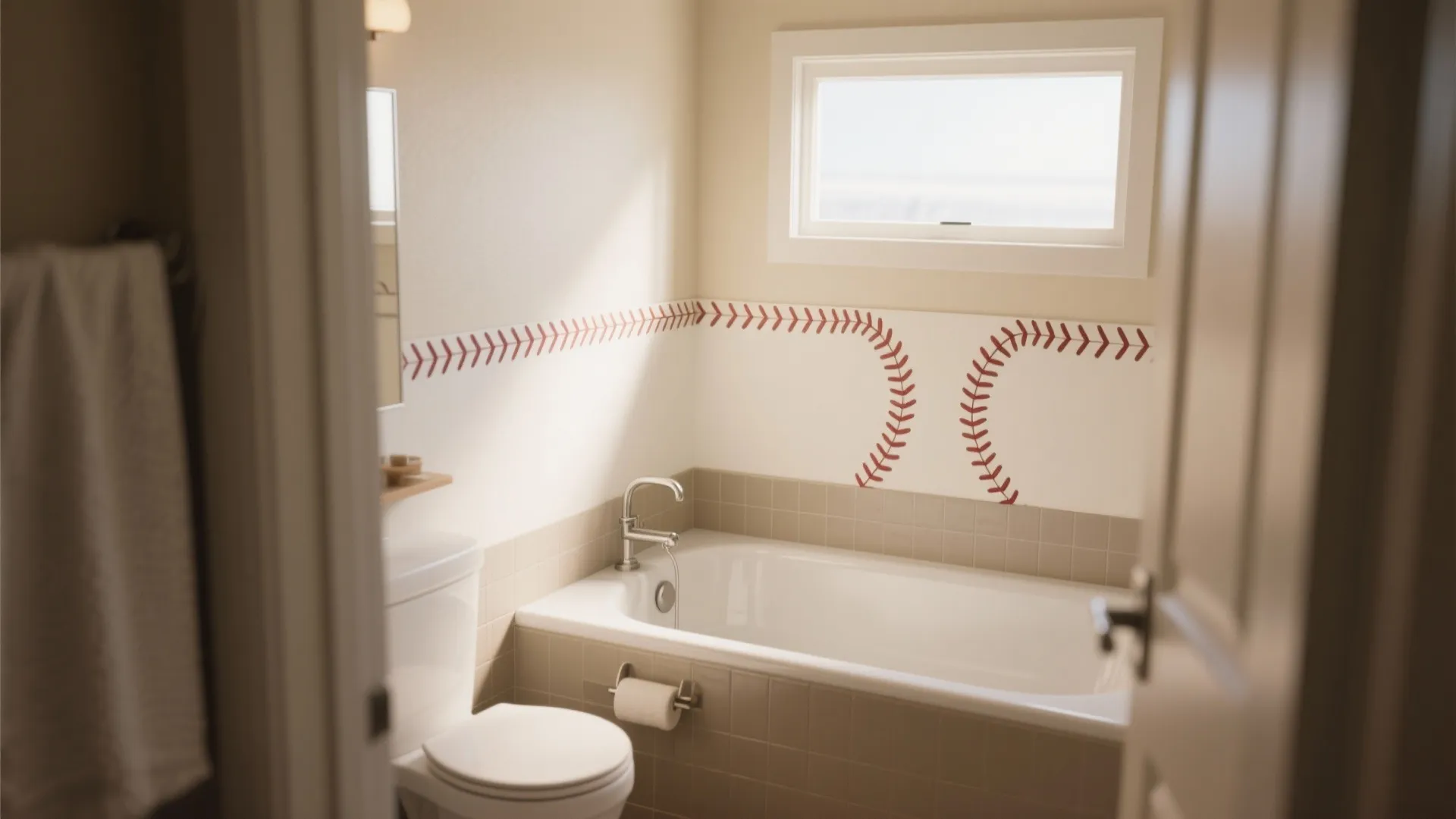 Bathroom interior featuring a white bathtub and toilet with red baseball stitch pattern wall decals