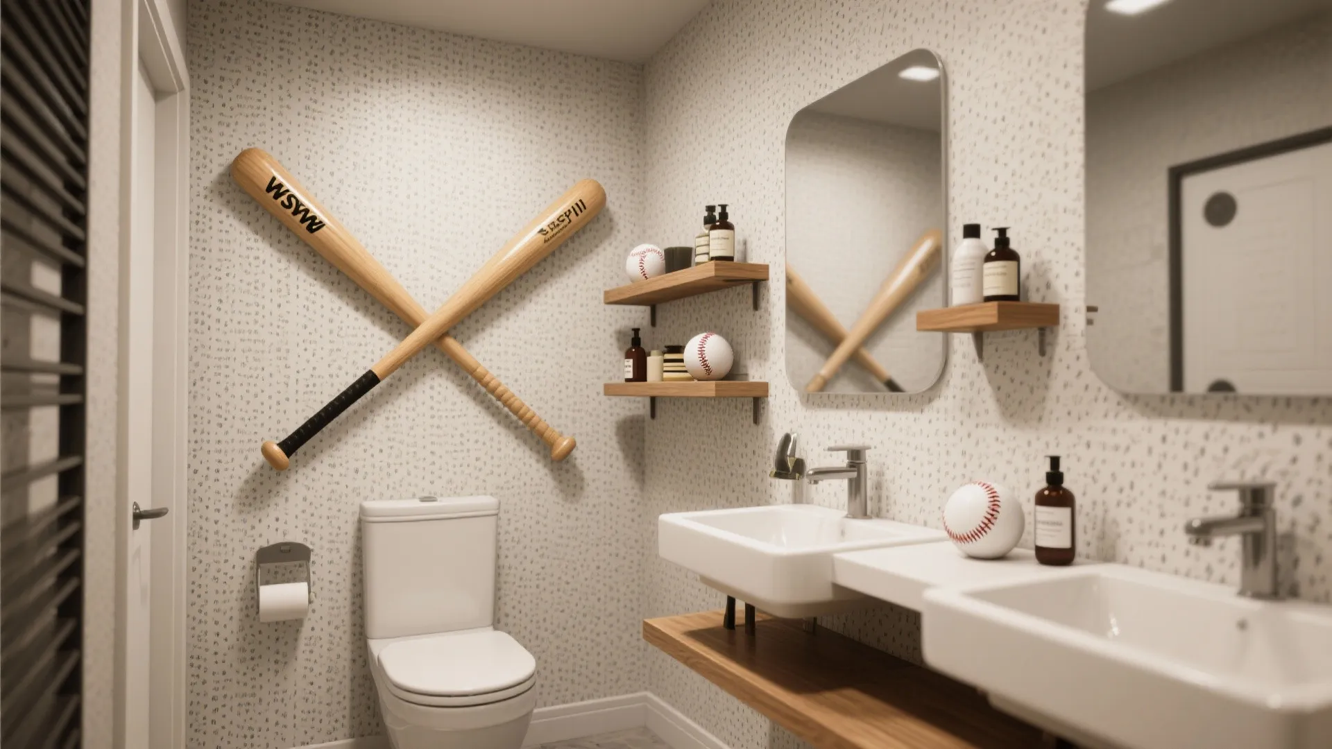 Modern bathroom with baseball wallpaper two wooden bats on wall white toilet and small sinks