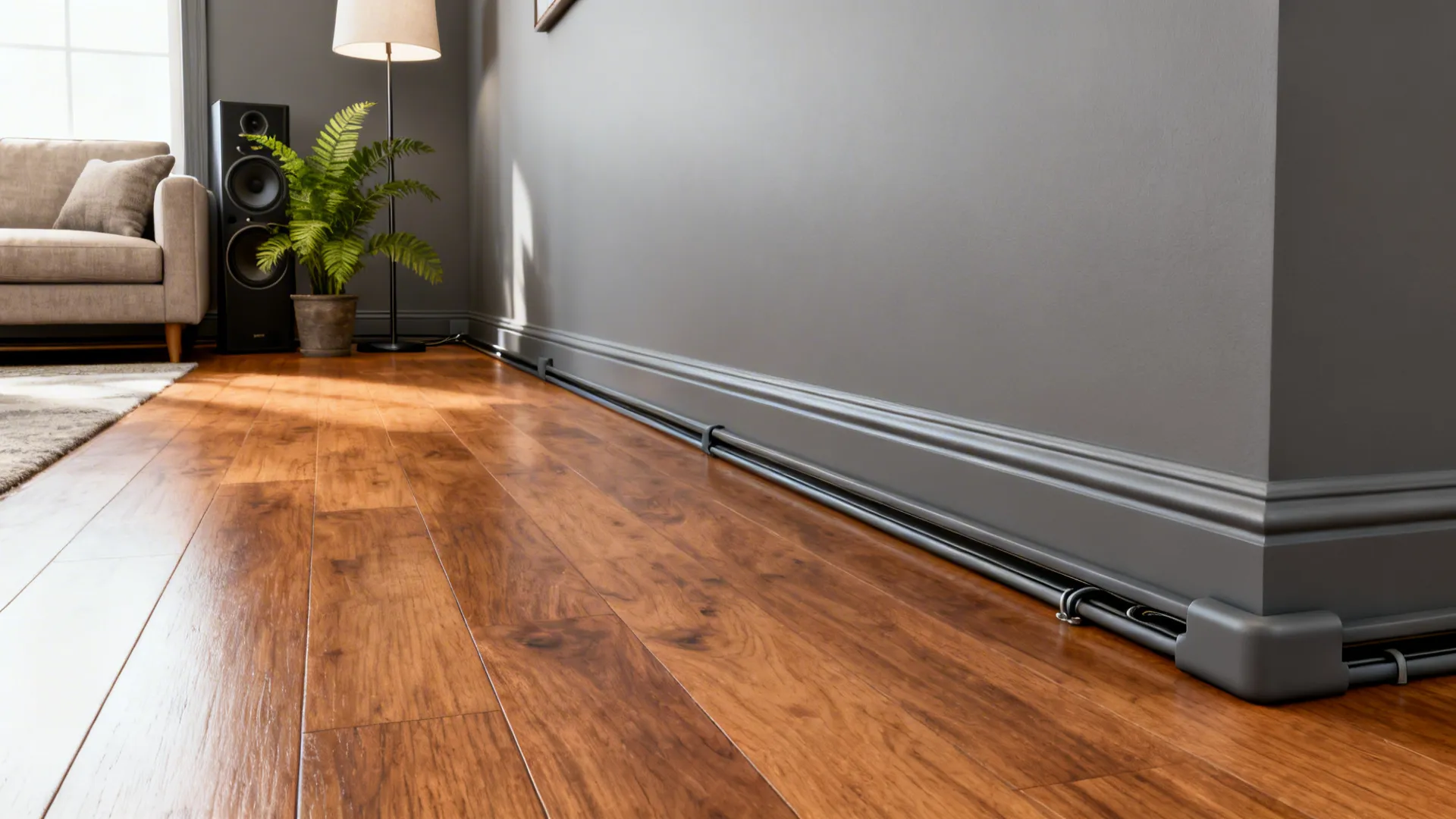 Baseboard-matched raceways conceal speaker and lamp wires along the wall.