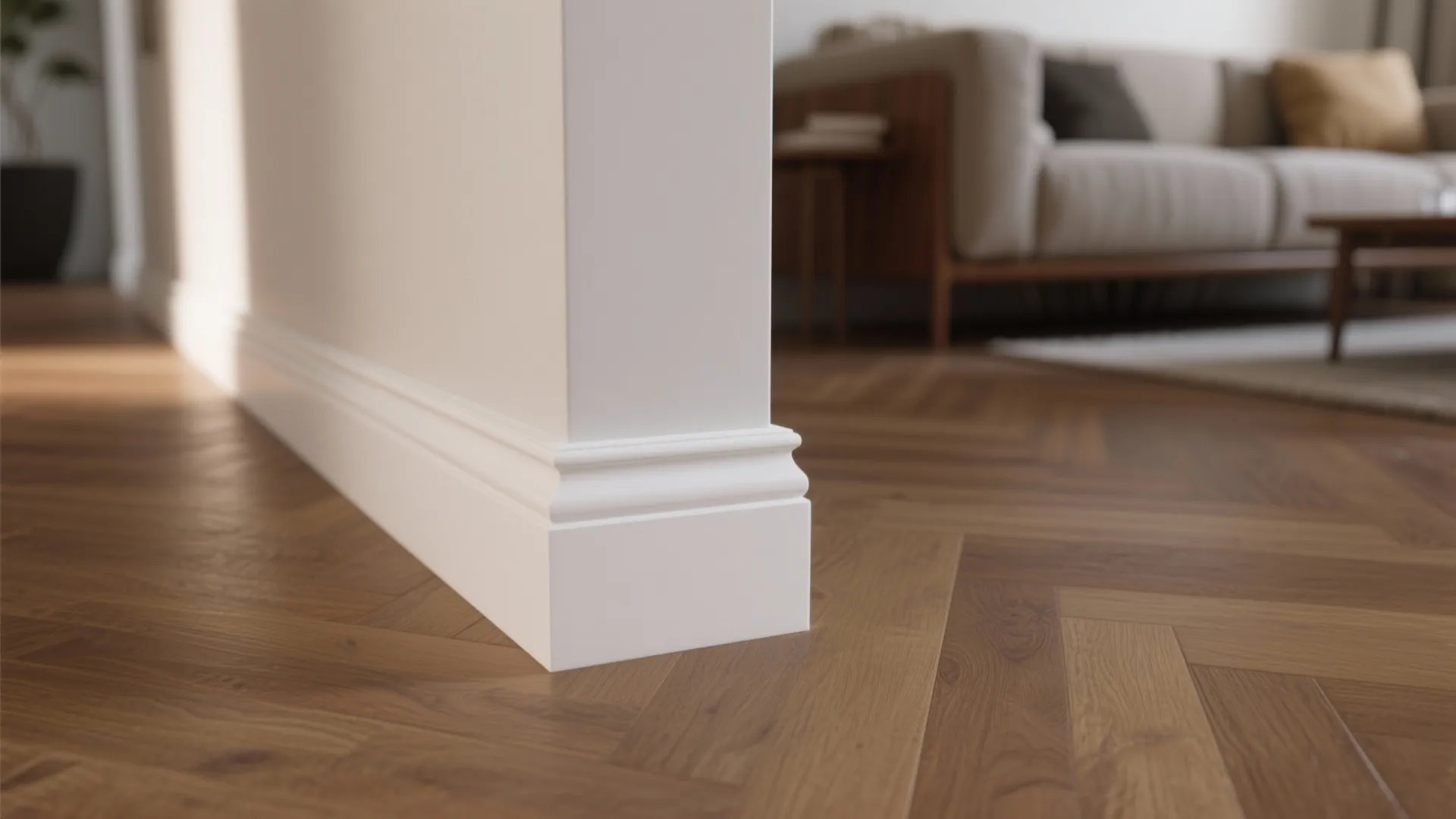 Close-up of upgraded tall white baseboard
