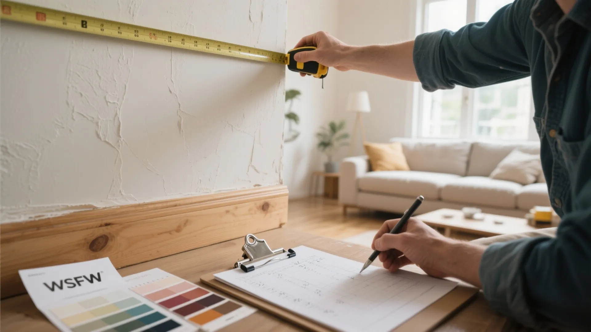Painter measuring wall height with tape measure and clipboards showing calculations and swatches.
