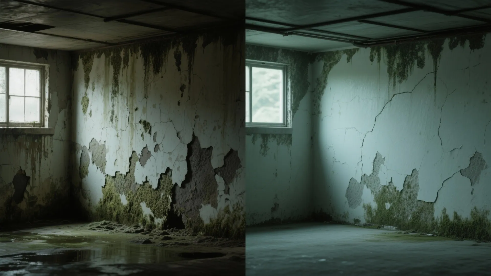Before and after comparison of a dark basement room with moss and water damage on walls