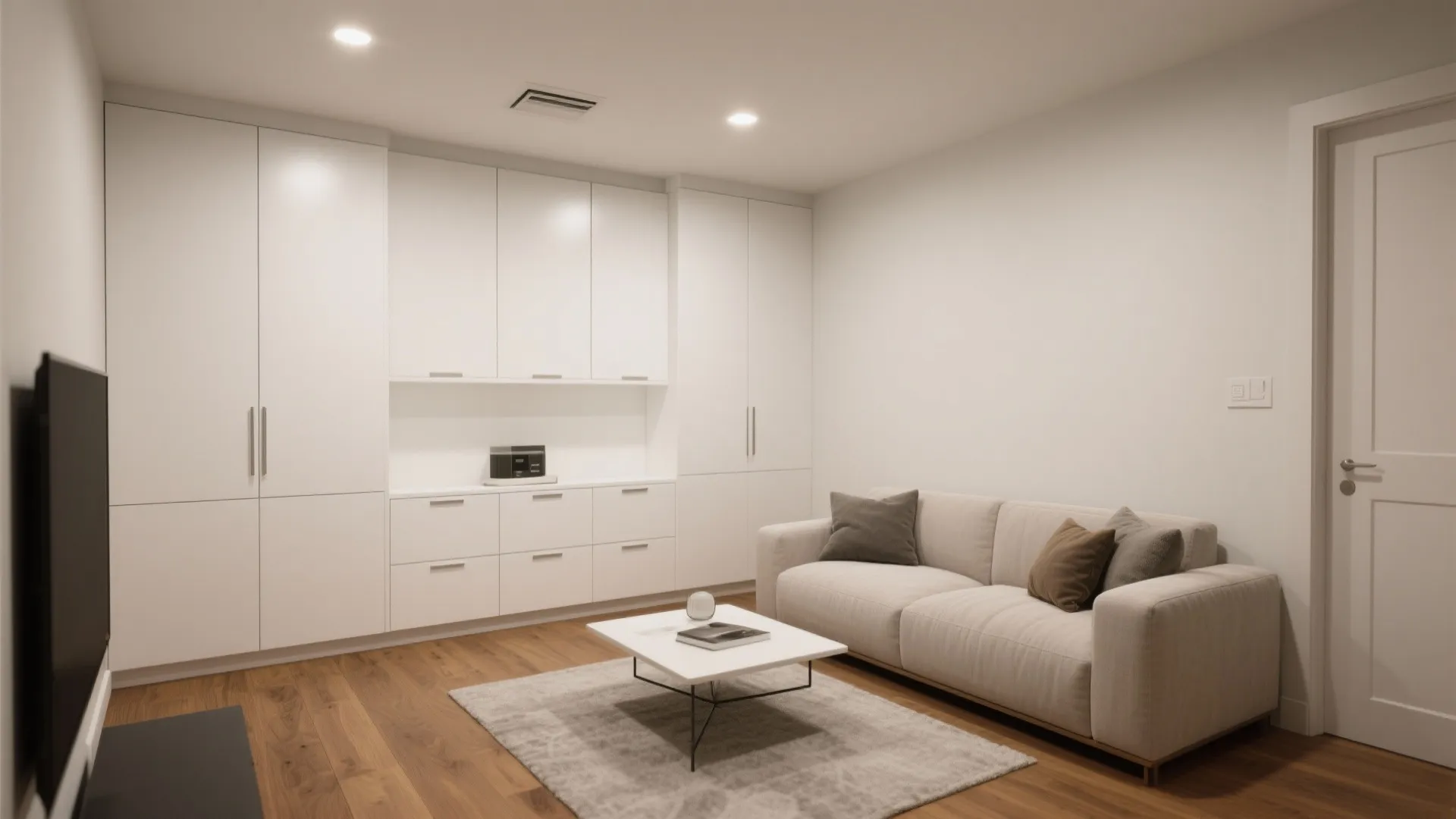 Minimalist living room featuring a large white built-in storage cabinet sofa and small coffee table