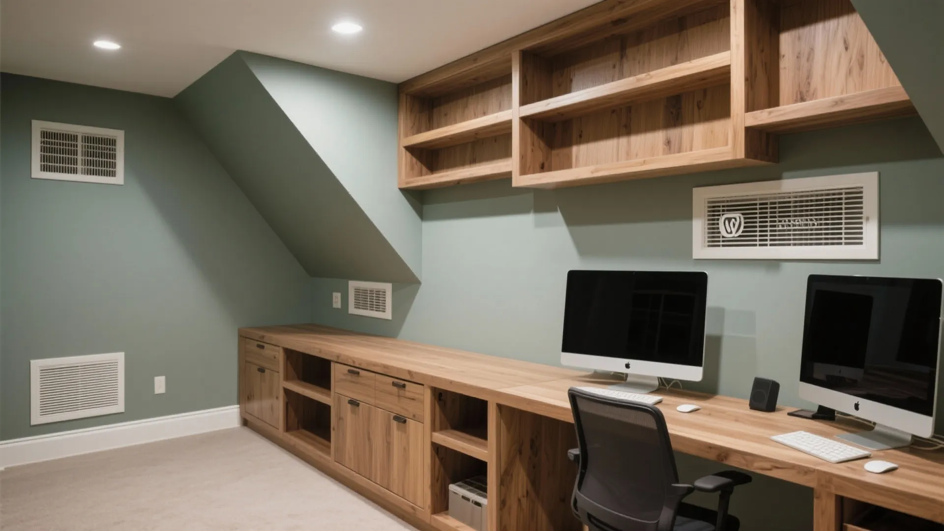 Basement home office featuring green walls, large built-in wooden desk, wall shelves, and two computer monitors