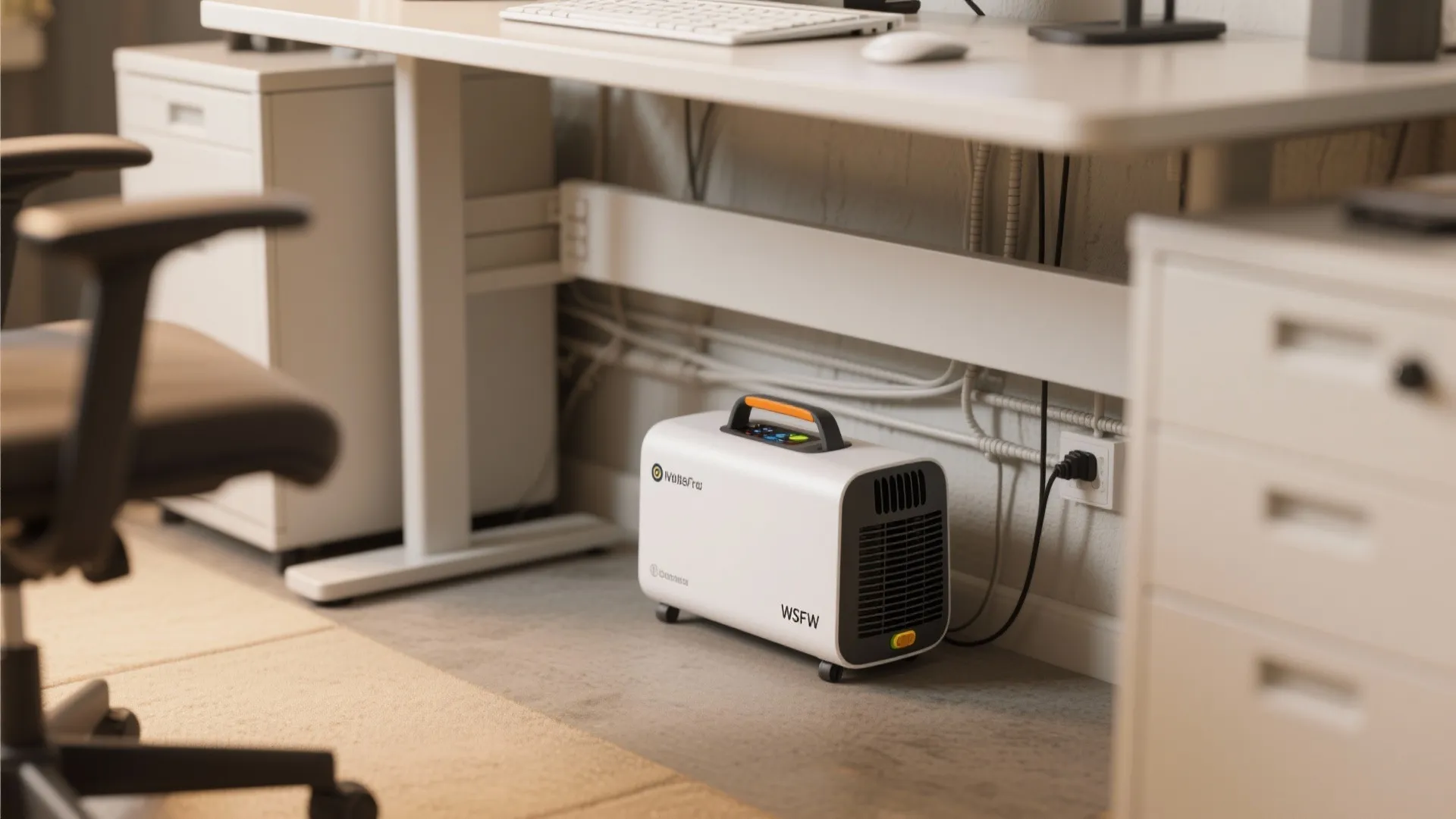 White portable climate control unit plugged into a wall under a desk in the basement
