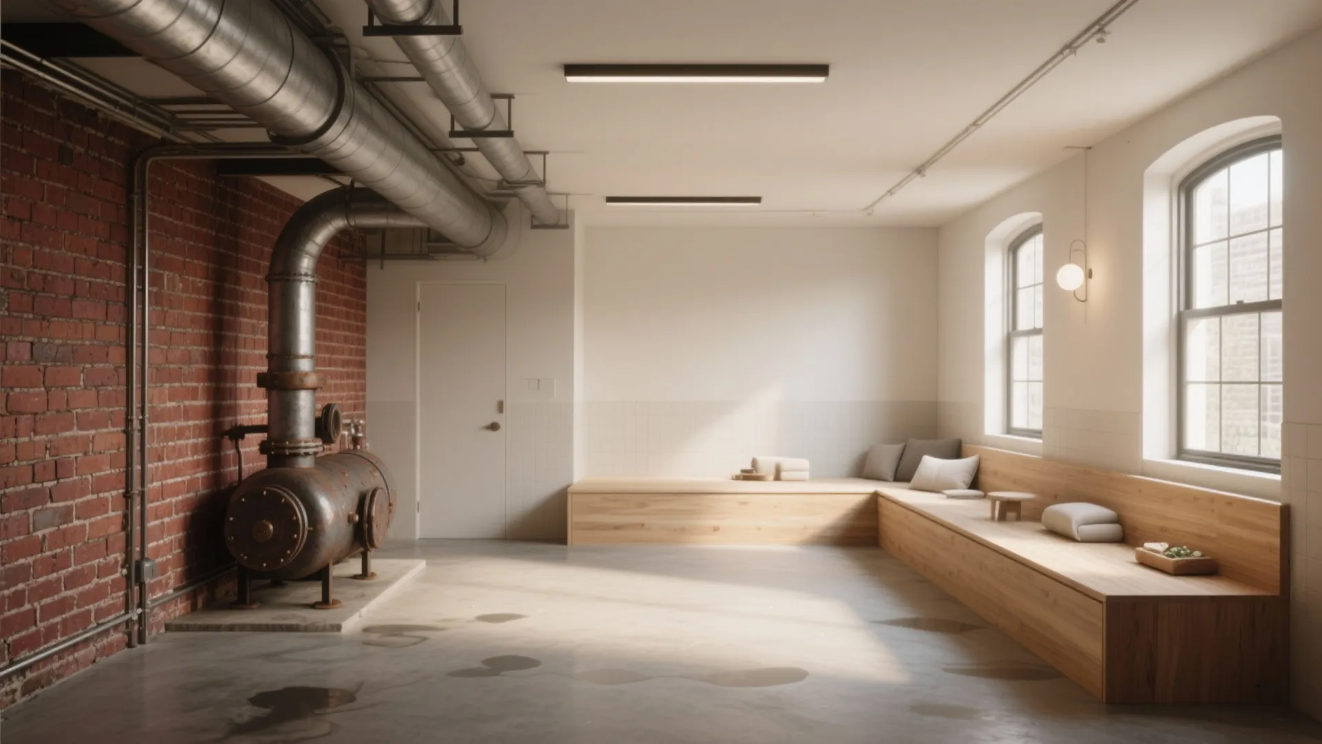 Industrial basement room with brick wall exposed pipes wooden bench seating and polished concrete floor finish