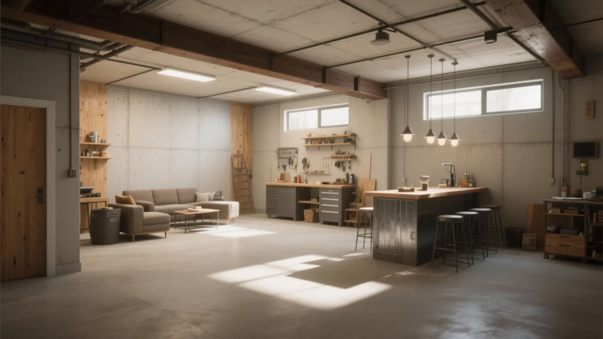 Modern industrial basement featuring concrete walls grey sofa wooden workbench and island with bar stools