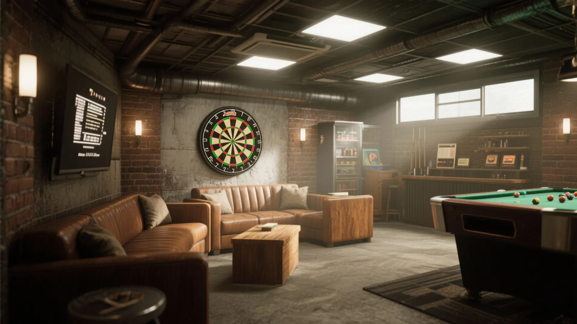 Industrial basement game room with brick walls leather sofas pool table and a wall dartboard