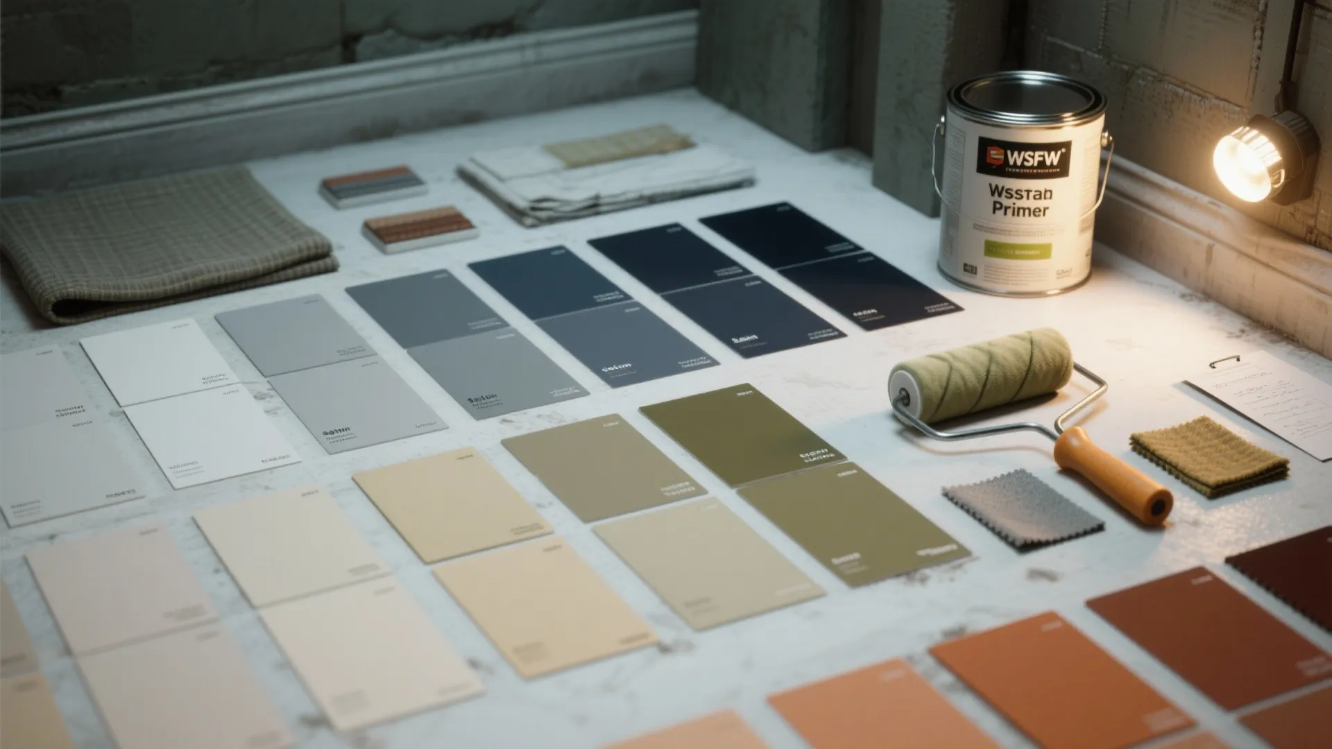 Flatlay of paint chips, primer can, rollers and fabric swatches illustrating basement paint choices and finishes.
