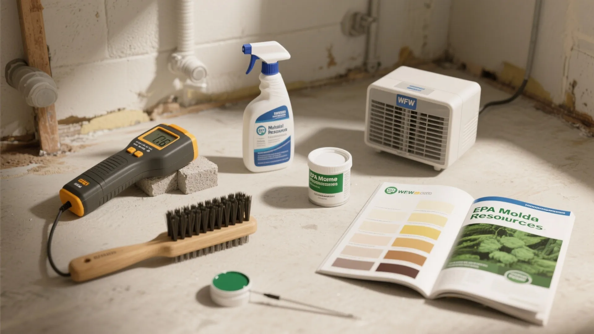 Tools for basement repair like moisture meter spray bottle and cleaning brush on concrete floor