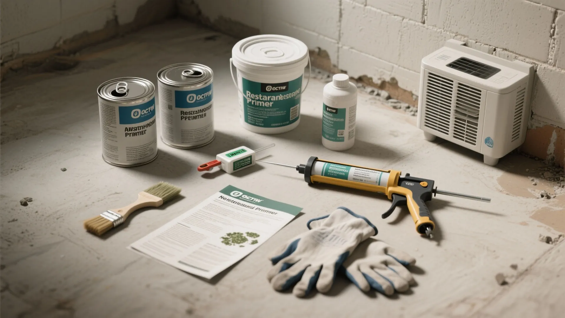 Renovation tools on concrete floor with paint cans brush gloves sealant gun and instructions document