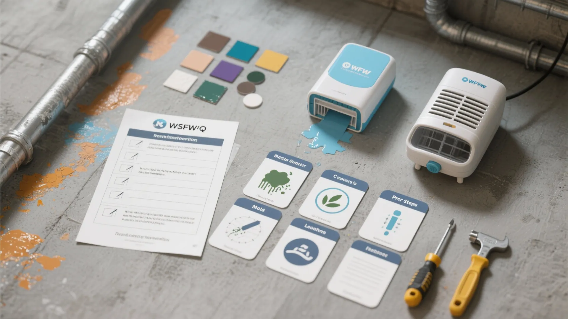 Flatlay of paint chips, checklist, dehumidifier model and tools illustrating FAQs about basement waterproofing and painting.
